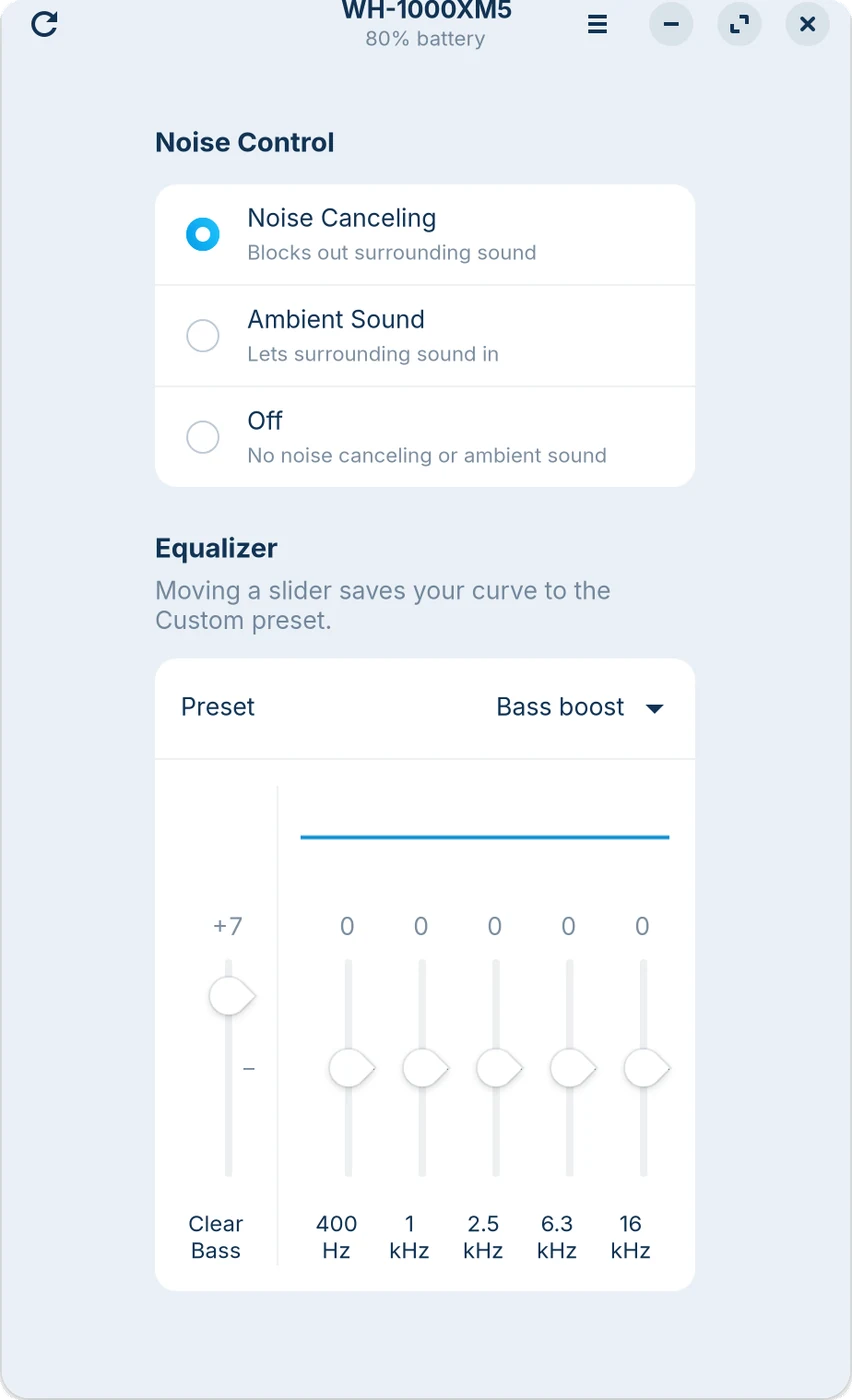 The Sony Headphones app window: noise control set to Noise Canceling, equalizer preset Bass boost with Clear Bass at +7, battery 80%
